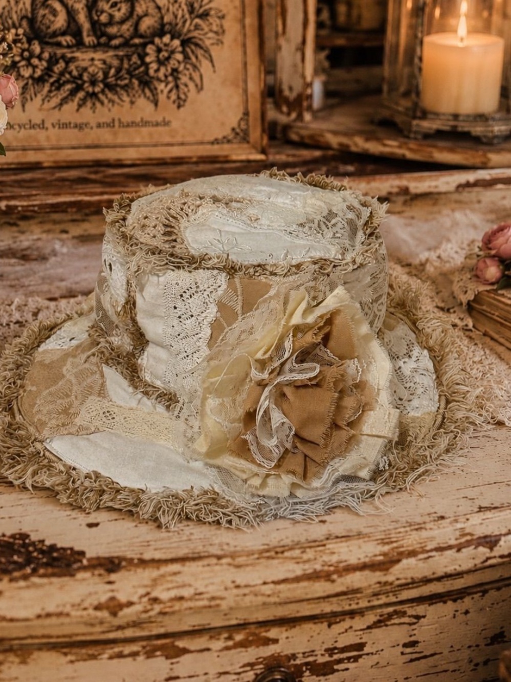 Vintage-Inspired Handmade OOAK Cream & Beige Decorative Hat